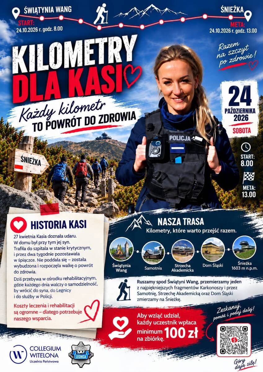 Szczyt solidarności. Uczestnicy akcji „Kilometry dla Kasi” wyruszą na Śnieżkę, by ratować zdrowie policjantki „Kilometry dla Kasi”. Marsz na Śnieżkę dla chorej policjantki z Legnicy